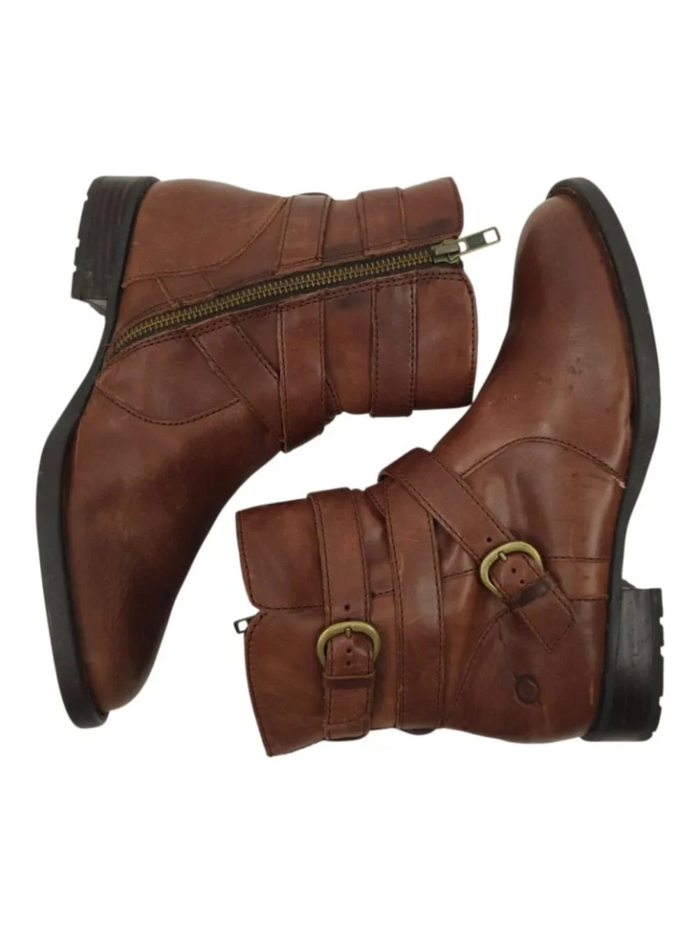 Born Ankle Boots 7.5 Strappy Multi Buckle Side Zip Brown Leather Booties Moto